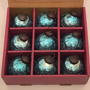 NWT 9 Turquoise Crackled Mercury Glass Holiday Ornaments with Antique Bronze Cap